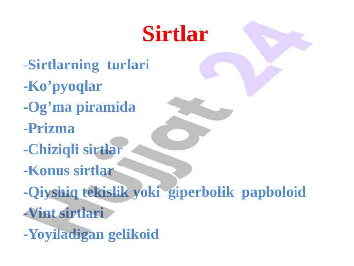 Sirtlar va ularning turlari haqida dars ishlanmasi