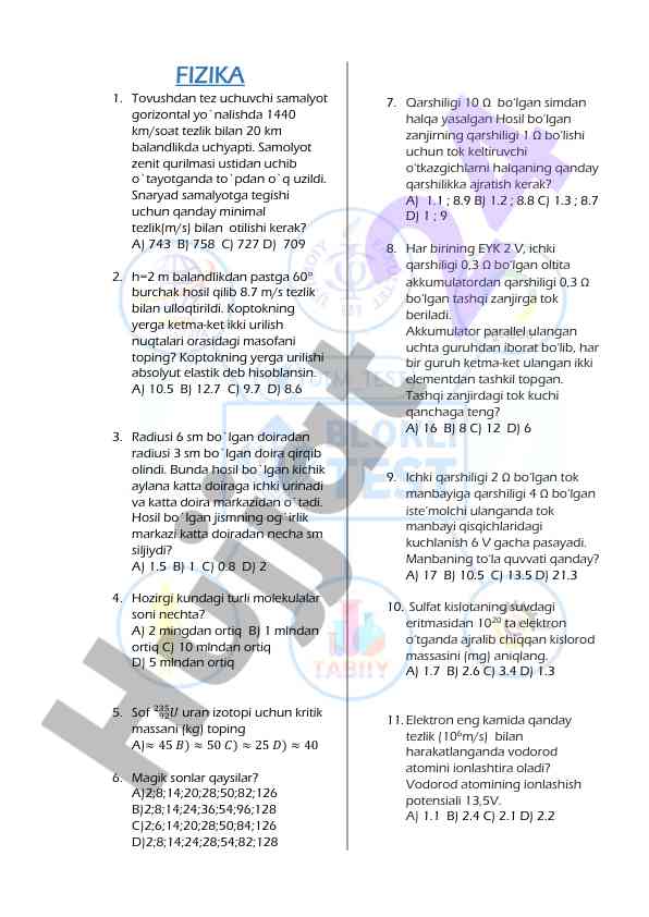Fizika testlari: tezlik va urilish masalalari