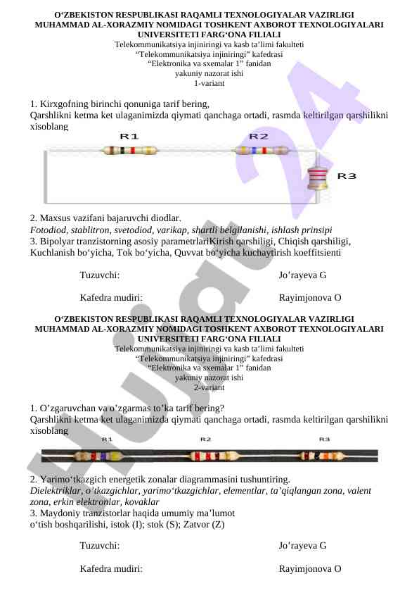 Elektronika va sxemalar 1 yakuniy nazorat ishlari
