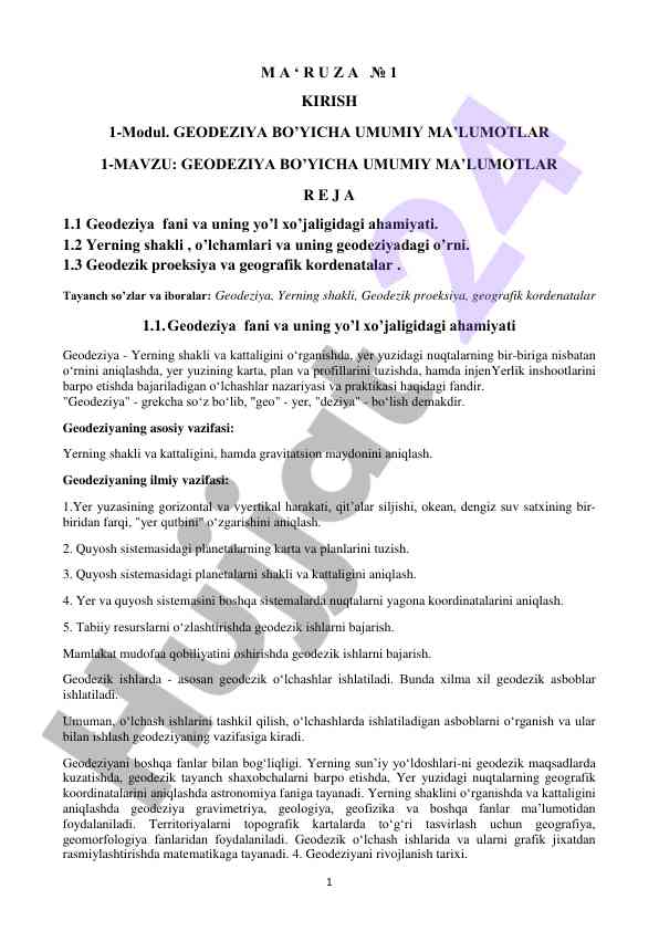 Geodeziya bo'yicha umumiy ma'lumotlar