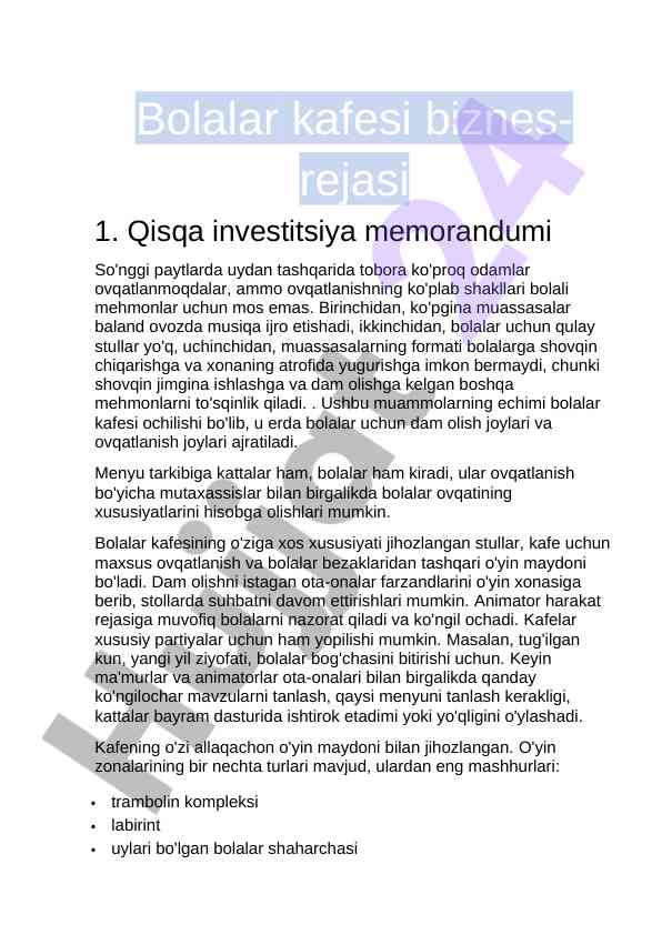 Bolalar kafesi biznes-rejasi investitsiya memorandumi