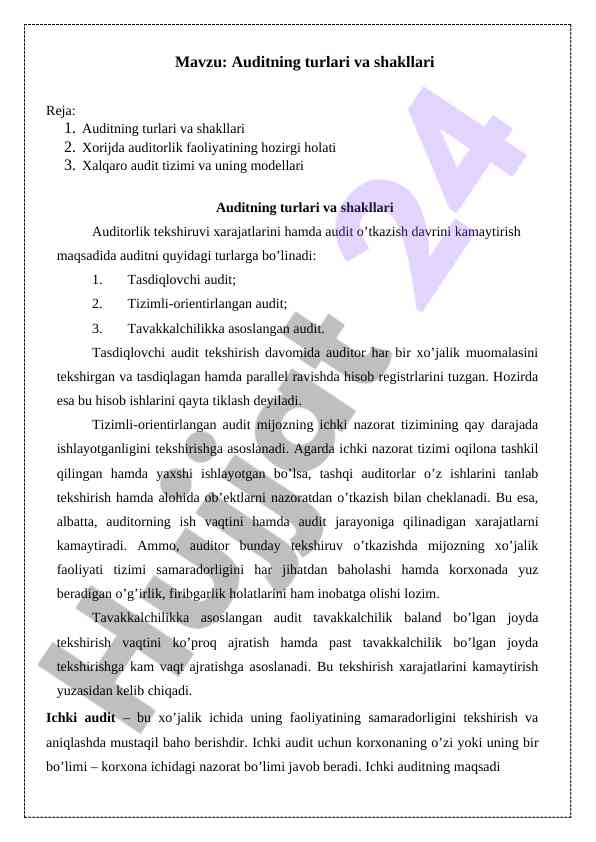 Auditning turlari va shakllari tahlili