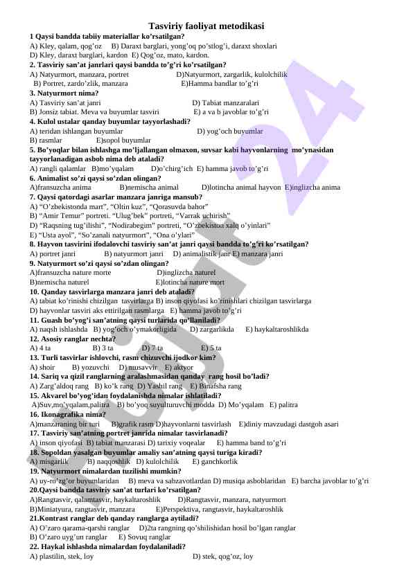 Tasviriy faoliyat metodikasi savollari