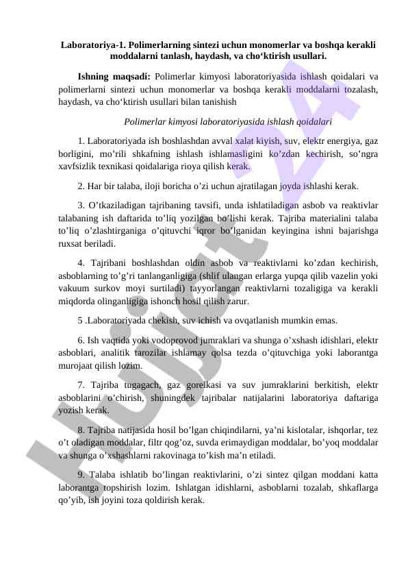 Polimerlar kimyosi laboratoriya ishlari tushunchalari