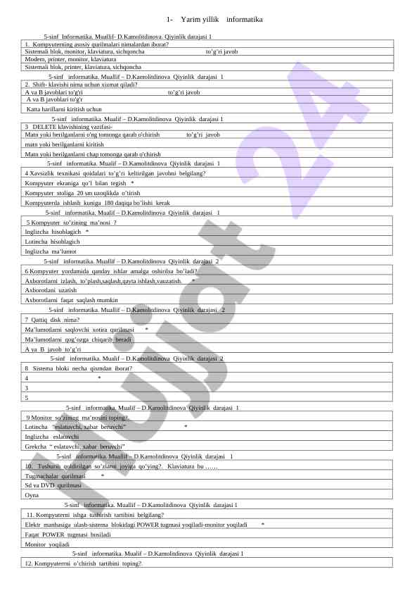 5-sinf informatika test savollari va javoblari
