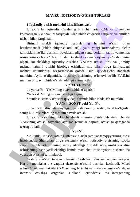 Iqtisodiy o‘sish turlari va ularning klassifikatsiyasi