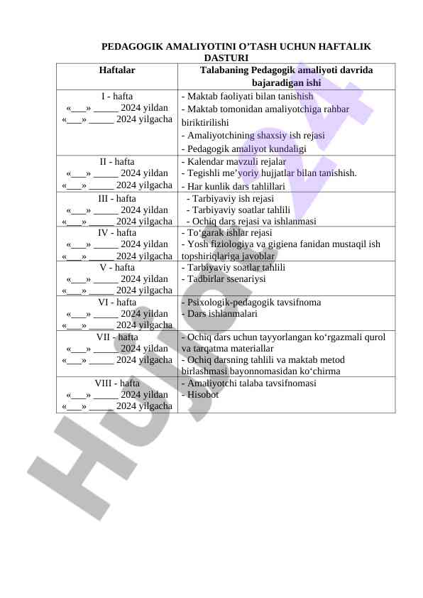 Pedagogik amaliyot haftalik dasturi