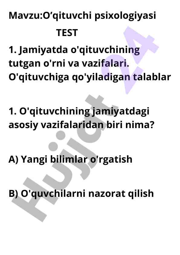 O’qituvchi psixologiyasi test savollari