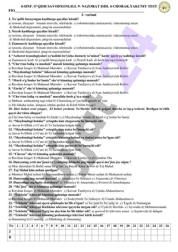 4-sinf o'qish savodxonligi 9-nazorat ishi