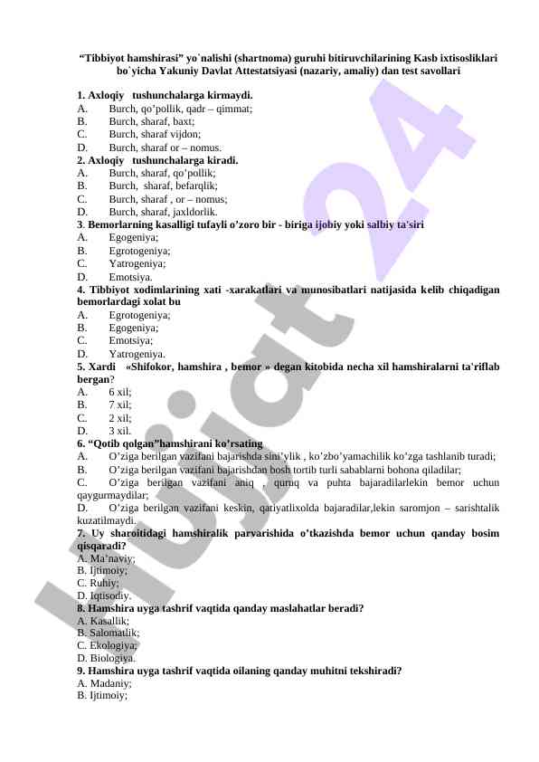 Tibbiyot hamshirasi yo'nalishi test savollari