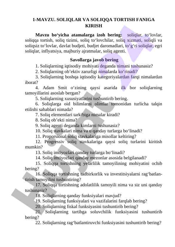 Soliqlar va soliqqa tortish faniga kirish