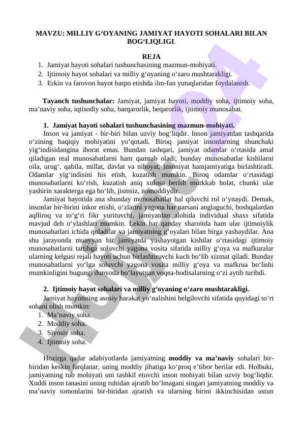 Milliy g‘oyaning jamiyat hayoti sohalari bilan bog‘liqligi