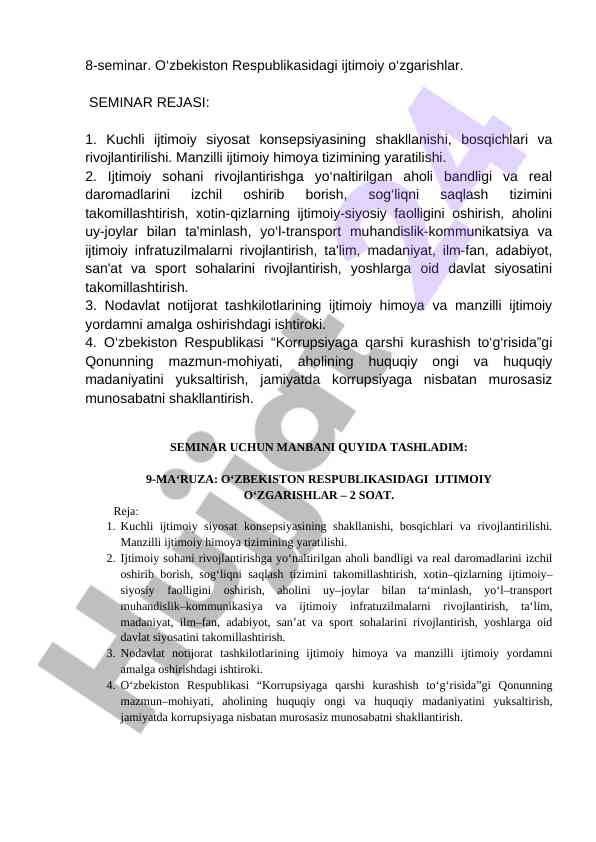 O‘zbekiston respublikasi ijtimoiy o‘zgarishlar seminar rejasi
