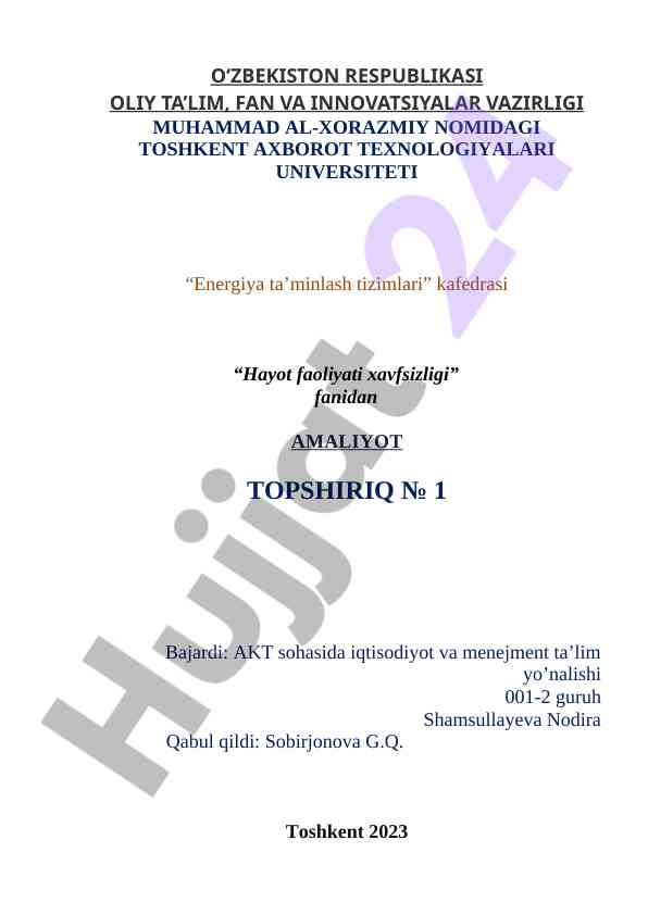 Energiya ta’minlash tizimlari amaliyot topshiriqi