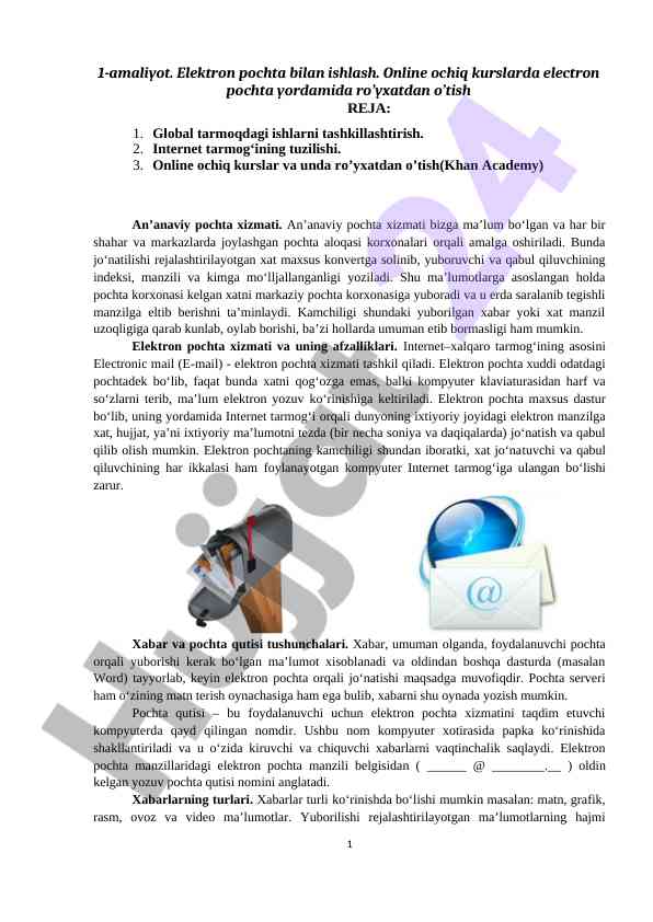 Elektron pochta bilan ishlash o‘quv qo‘llanmasi