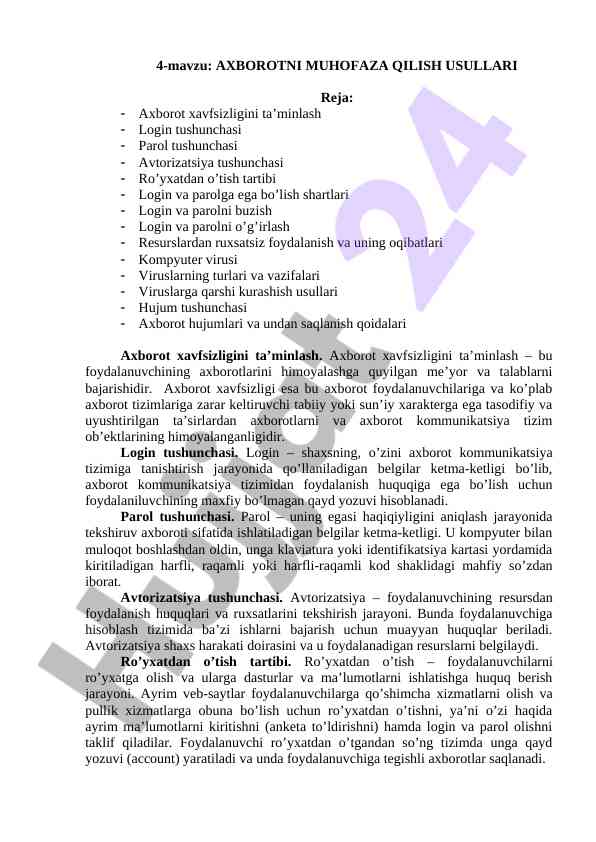 Axborot xavfsizligini ta'minlash usullari