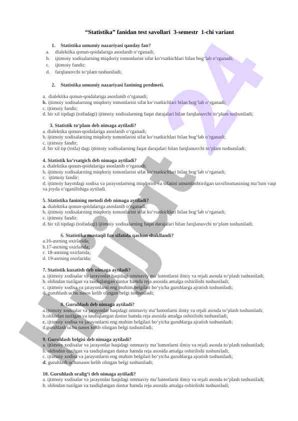 Statistika fanidan test savollari 3-semestrlarda