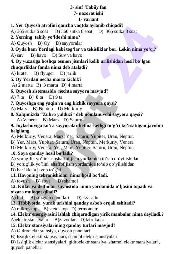 3-sinf tabiiy fan nazorat ishlari savollari