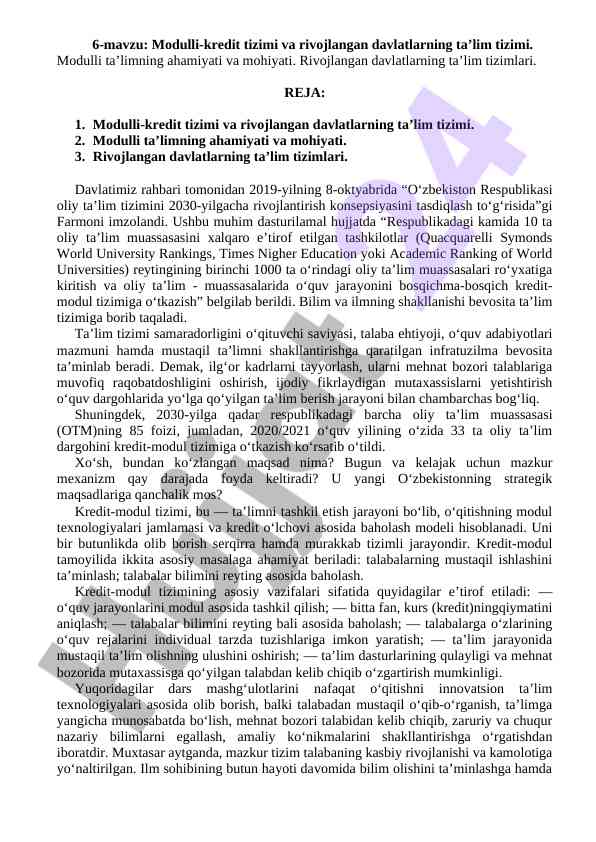 Modulli-kredit tizimi va rivojlangan davlatlar ta’lim tizimi