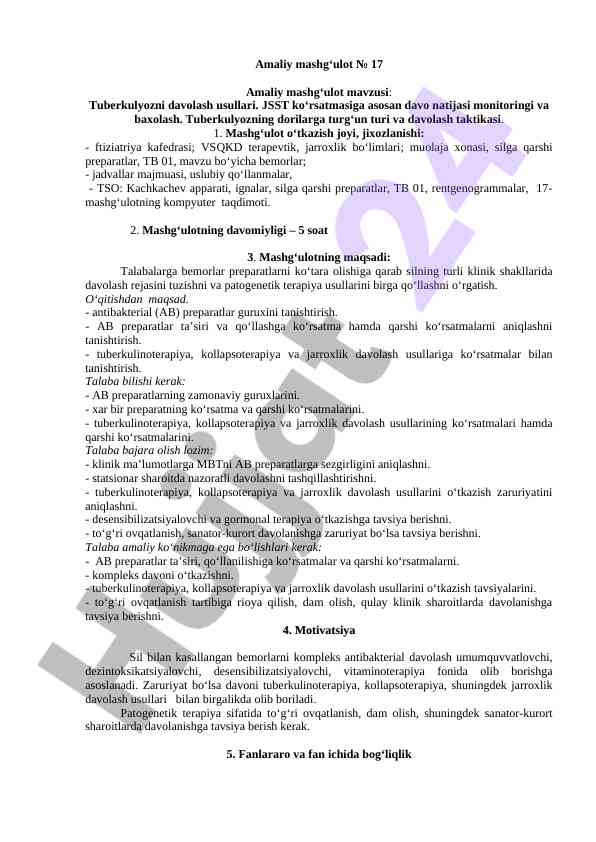 Tuberkulyozni davolash usullari amaliy mashg‘uloti