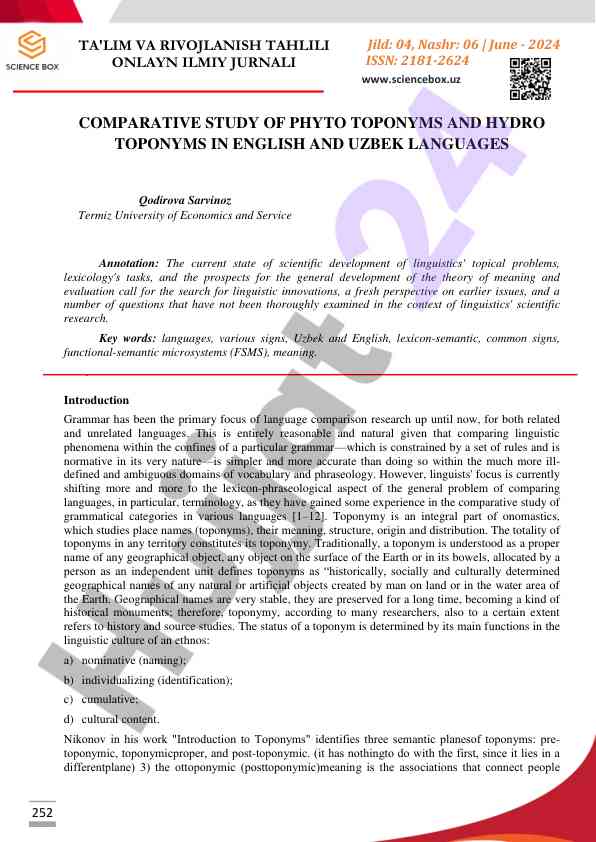 Comparative study of phyto and hydro toponyms