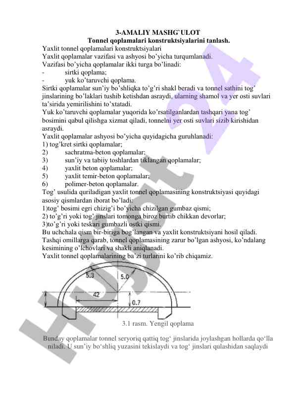 Tonnel qoplamalari konstruktsiyalarini tahlil