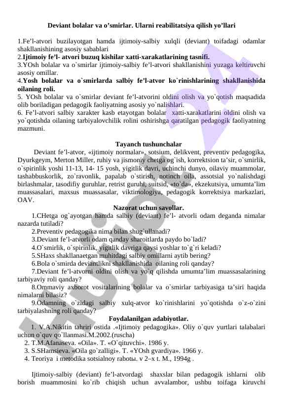 Deviant bolalar va o’smirlar reabilitatsiya yo’llari