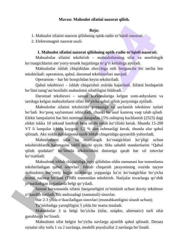 Mahsulot sifatini nazorat qilish usullari