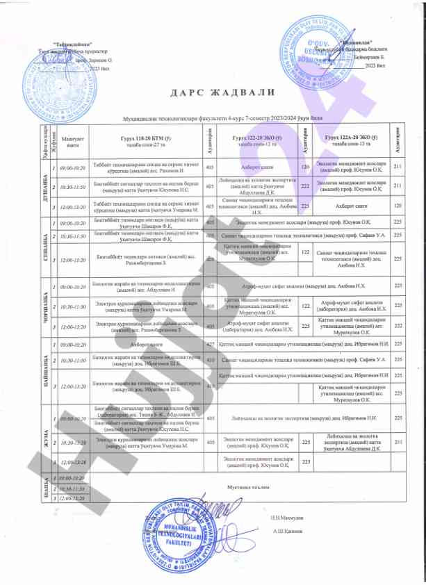 Dars jadvali 2023/2024 o‘quv yili uchun