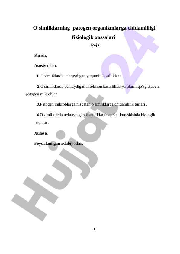 O'simliklarning Patogen Organizmlarga Chidamliligi