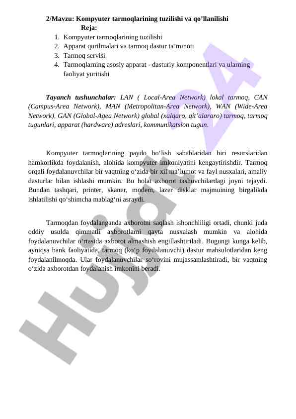 Kompyuter tarmoqlarining tuzilishi va qo’llanilishi