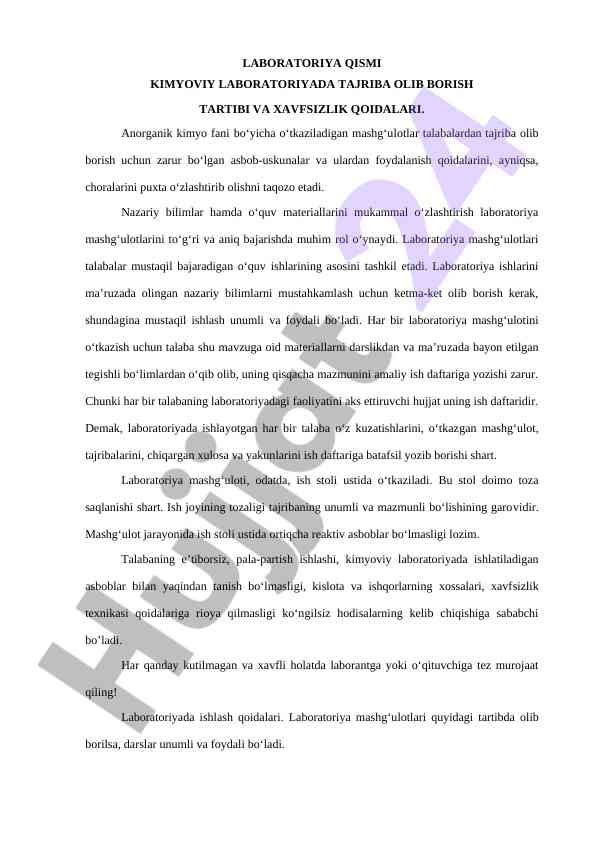Kimyoviy laboratoriyada tajriba olib borish tartibi