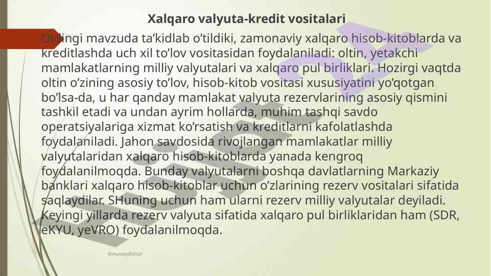 Xalqaro valyuta va kredit vositalari tahlili