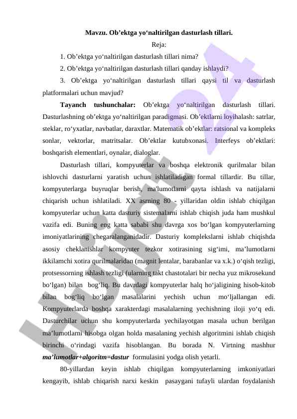 Ob’ektga yo'naltirilgan dasturlash tillari haqida