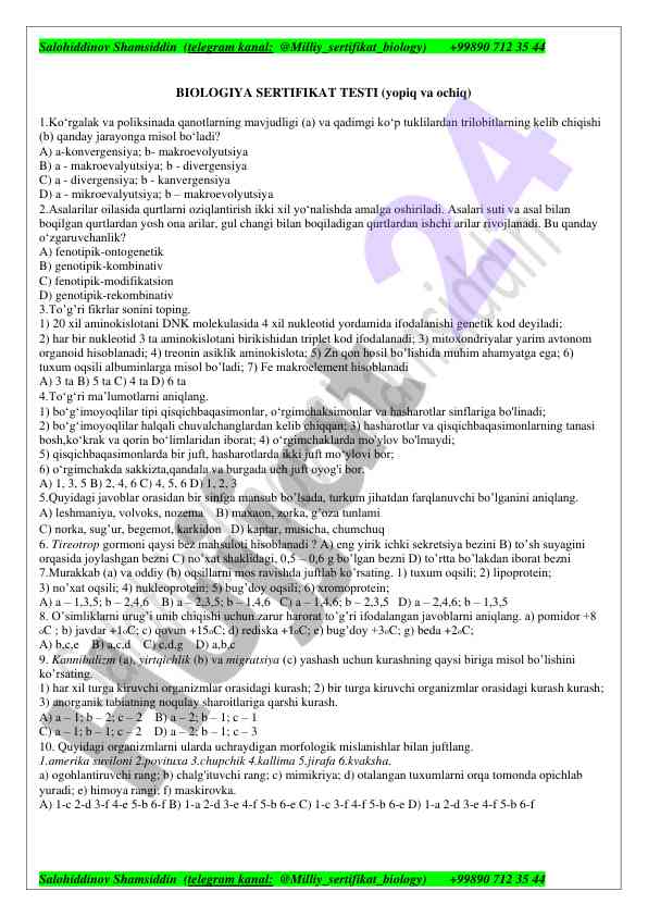 Biologiya sertifikat testi savollari