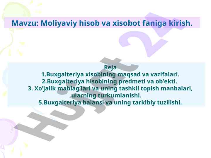 Moliyaviy hisob va xisobot faniga kirish
