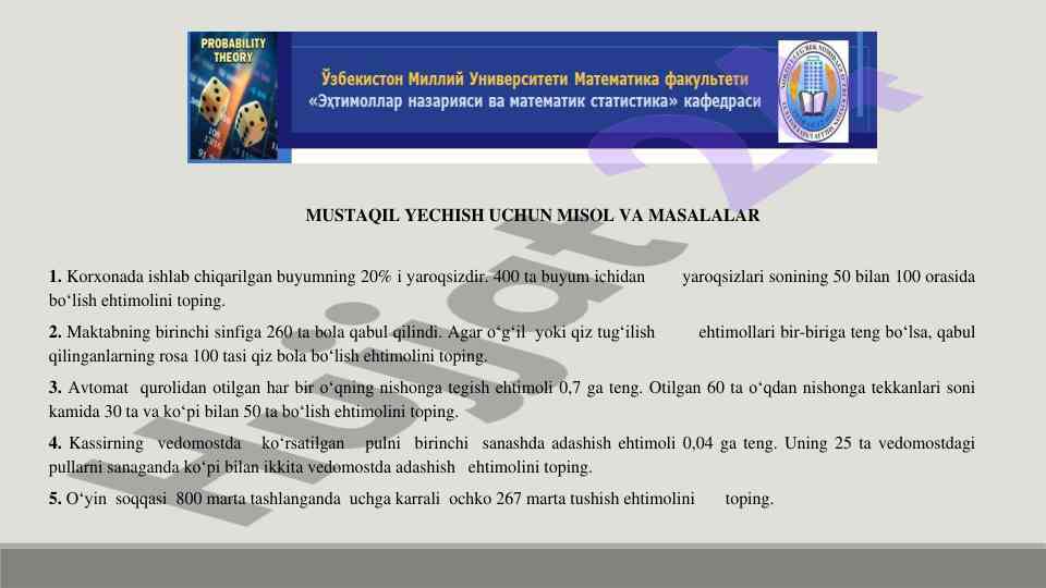 Misol va masalalar bilan mustaqil yechish