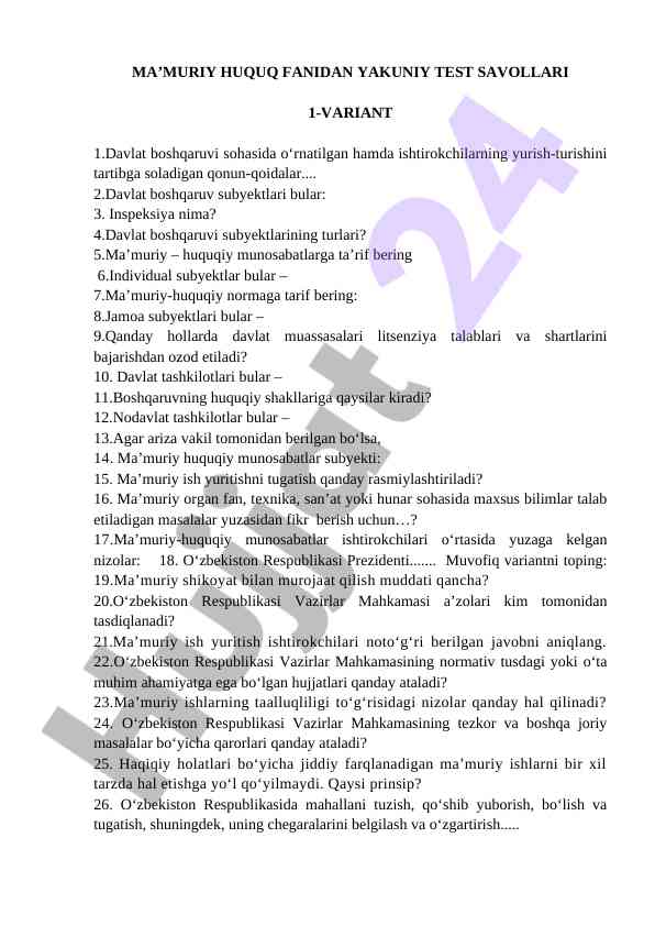 Ma’muriy huquq fanidan yakuniy test savollari