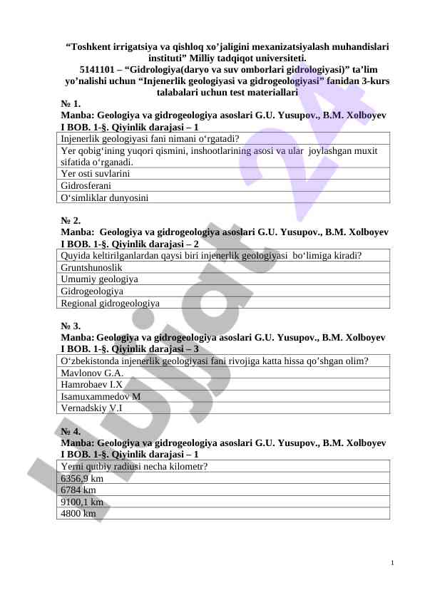 Gidrogeologiya faniga oid test materiallari