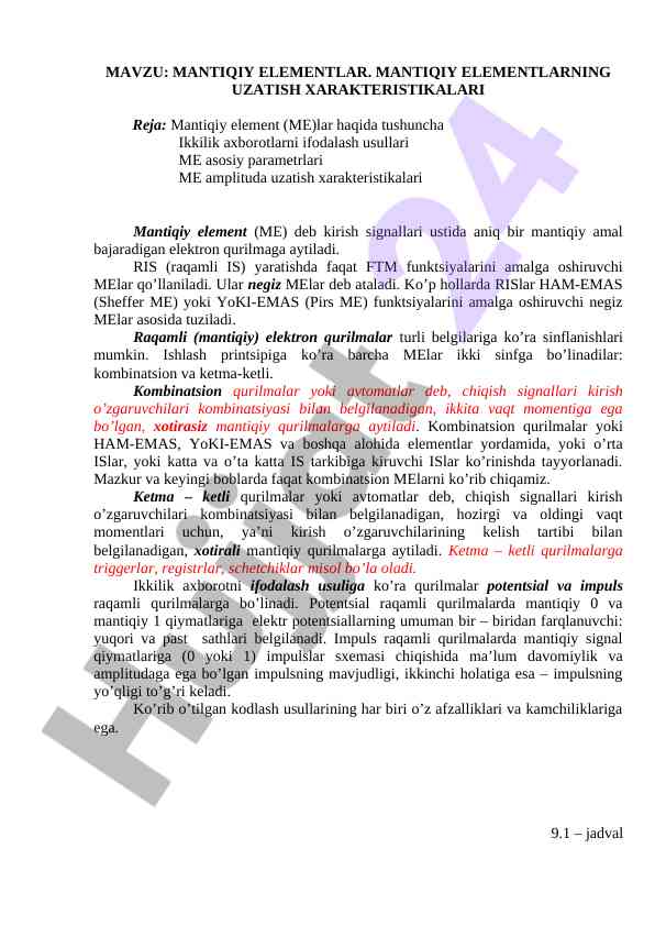 Mantiqiy elementlar va ularning uzatish xarakteristikasi