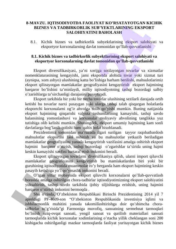 Kichik biznes va tadbirkorlik eksport salohiyati
