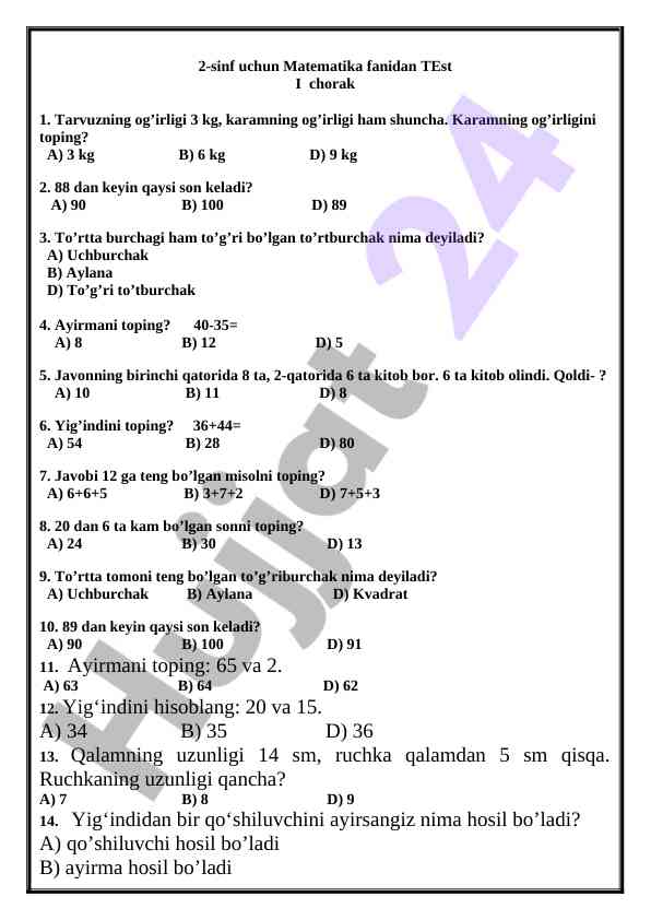 Matematika fanidan 2-sinf test i chorak