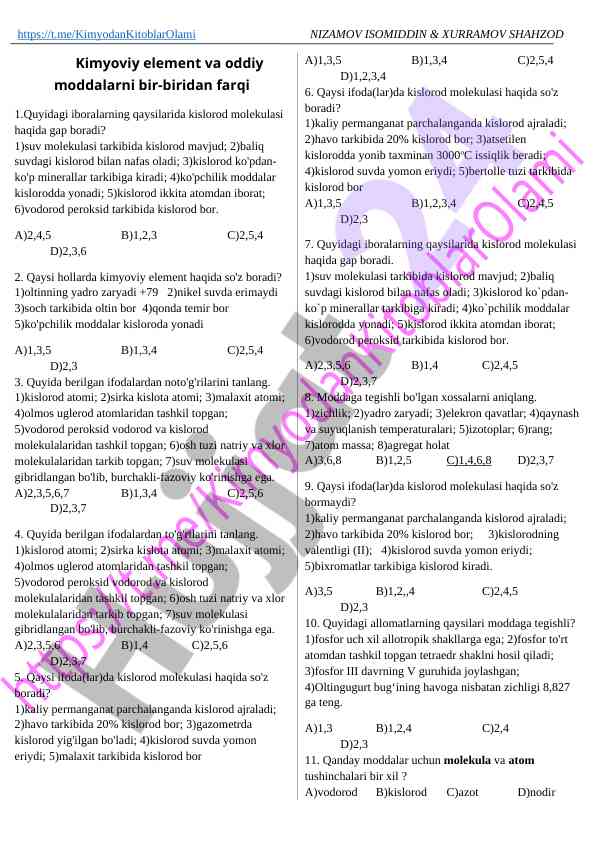 Kimyoviy elementlar va molekullar testi
