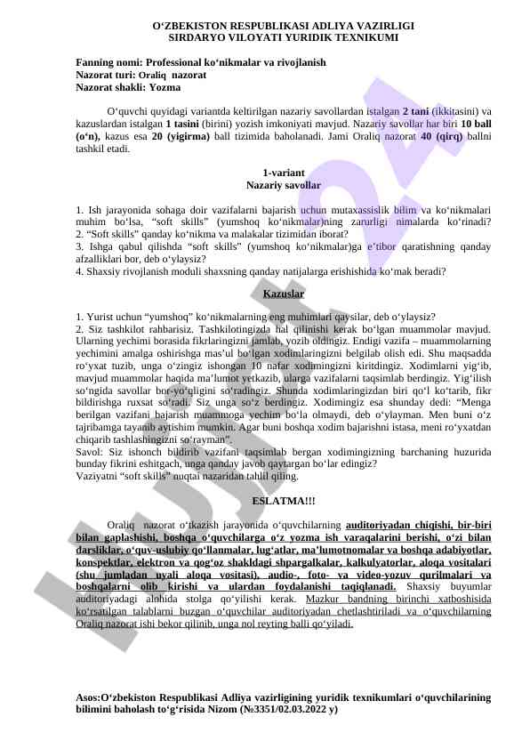 Professional ko‘nikmalar va rivojlanish nazorati