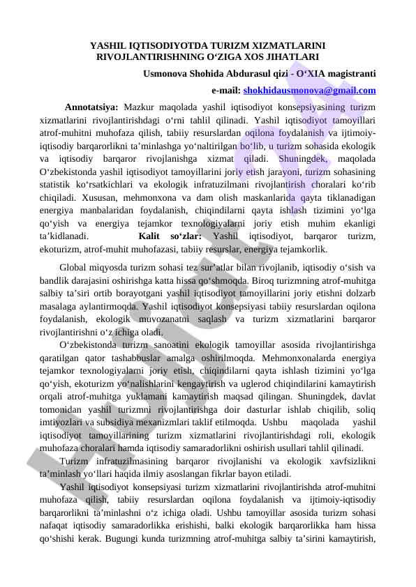 Yashil iqtisodiyotda turizm xizmatlarini rivojlantirish