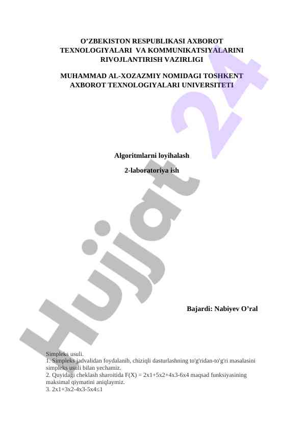 Chiziqli dasturlashning simpleks usuli laboratoriya ishlari