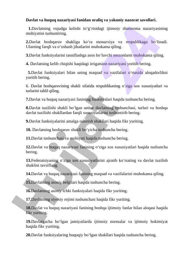 Davlat va huquq nazariyasi savollari yig‘indisi