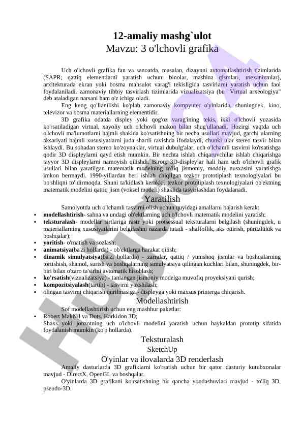 Uch o'lchovli grafika fan va sanoatdagi qo'llanishi