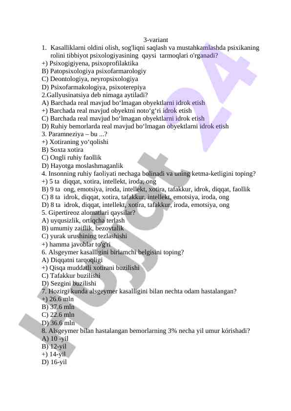Psixologiya testlari va savollari