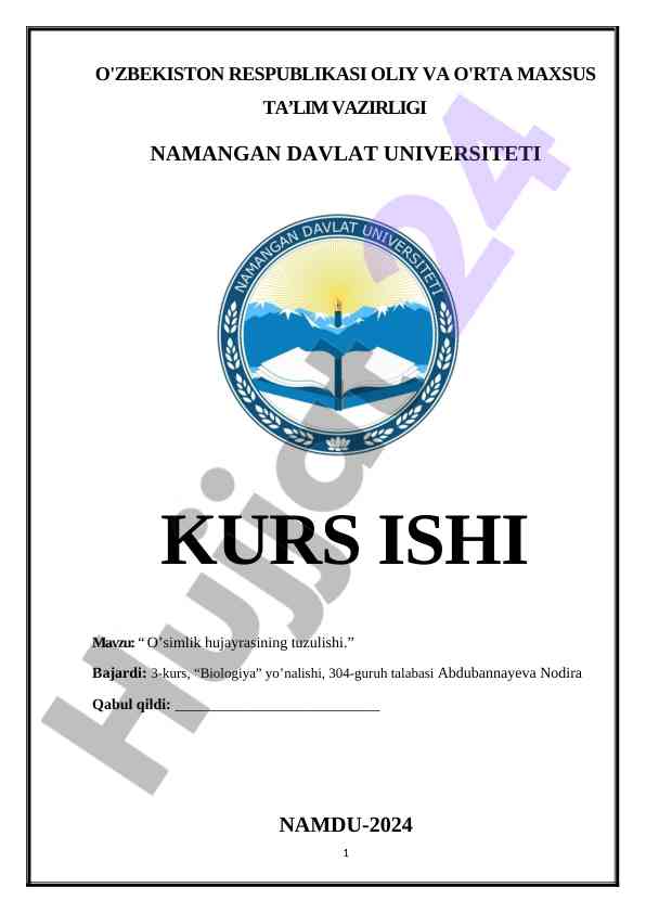 O’simlik hujayrasining tuzilishi bo’yicha kurs ish